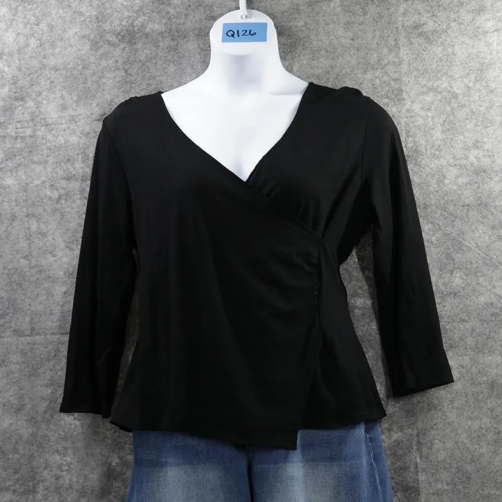 Habitat Shirt Womens Large Black Lux Faux Wrap V Neck 3/4 Sleeve Stretch Top